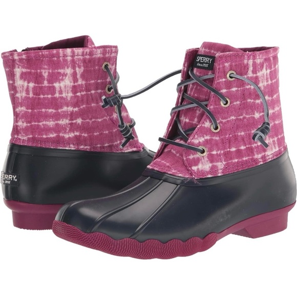 NEW Sperry Saltwater Ankle Rubber Duck Rain Snow Winter Boots Magenta Tie Dye - Picture 10 of 16